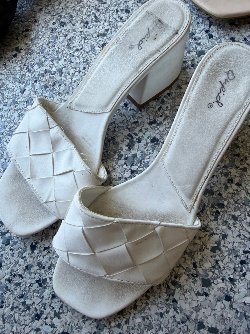 White Woven Block Heel Slide